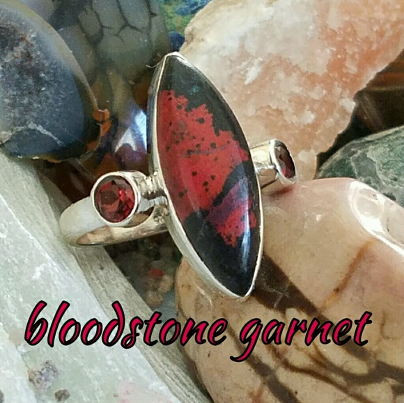 Earth Art hand crafted artisan Jewelry - Bloodstone & Garnet Ring Sterling Silver